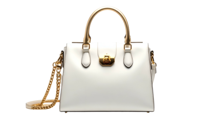 Elegant white handbag with gold handles and shoulder chain