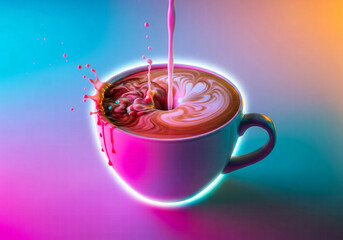 Milk stream pouring into latte art, creating a spill and splash with neon pink and blue lighting