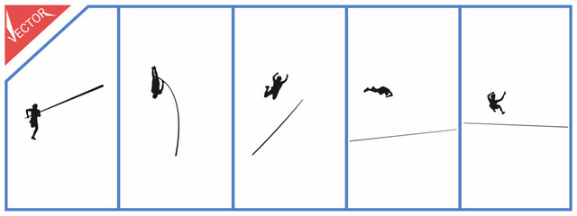 Silhouette of pole vault training in the stadium. Vector with different poses.