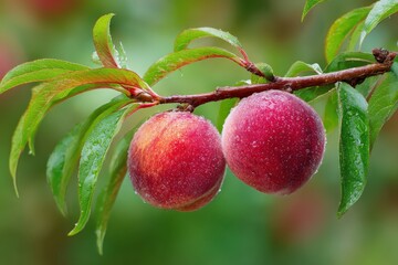 Two ripe peaches hang on a branch with fresh green leaves. Great for food blogs or seasonal fruit promotions online.