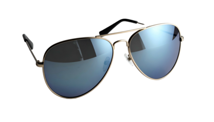 Gold aviator sunglasses with blue mirrored lenses on a black background