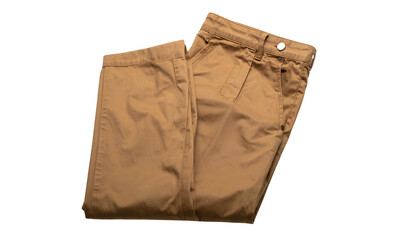Folded tan casual pants angled against a stark black background