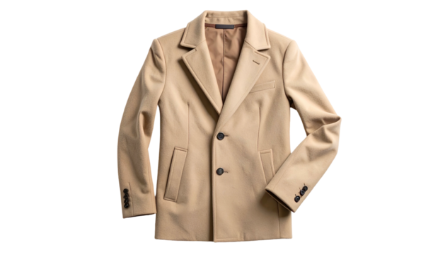 Tan tailored coat flat lay on black, lined with light brown fabric