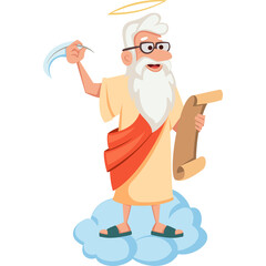 Elderly Man With Halo And Scroll Holding Feather Pen On Cloud