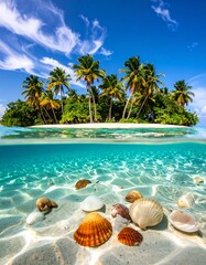 Tropical island with clear waters, shells, and palm trees under a blue sky