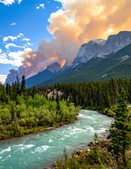 Turquoise river flows past trees toward mountains and smoke plume