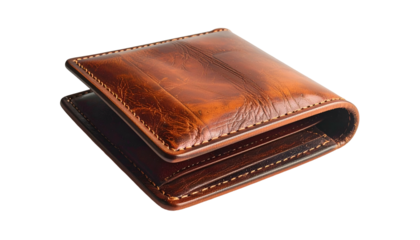 Brown leather bifold wallet with stitching on a black background