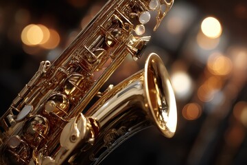 Fototapeta premium Close-up of a golden saxophone with bokeh lights in the background. Perfect for jazz music, concerts, or sophisticated lifestyle content.