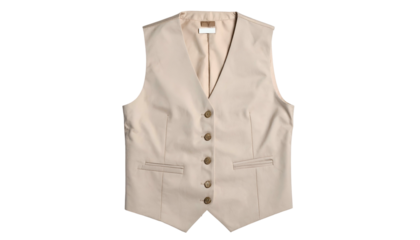 Beige, buttoned, v-neck vest with two welt pockets isolated