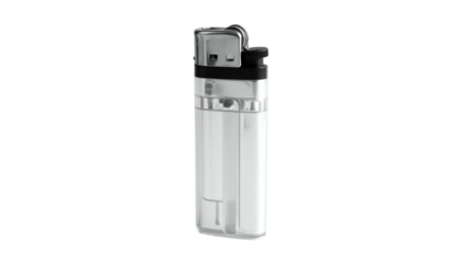 Silver and clear plastic refillable lighter on black background