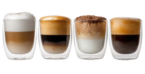 Four coffee drinks in clear glasses