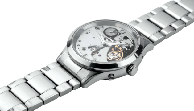 Watch face showing intricate inner workings, on steel band