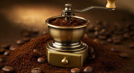 Closeup of a vintage coffee grinder with coffee beans, showcasing the traditional method of grinding coffee for a rich aroma