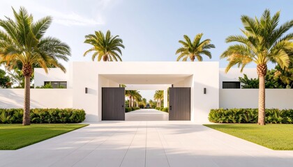 Fototapeta premium Opulent mansion entrance with grand driveway, ornate gates, and lush palm trees