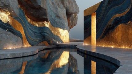 Luxury abstract exterior with gold leaf accents undulating walls and reflective pools for a lavish effect