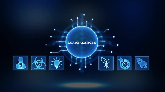 Digital network load balancer connecting global data flow with diverse icons representing business growth innovation security and speed abstract technology concept