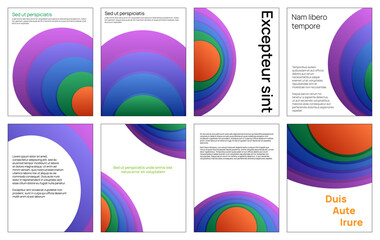 Set of eight colorful page templates with white text space and rounded shapes