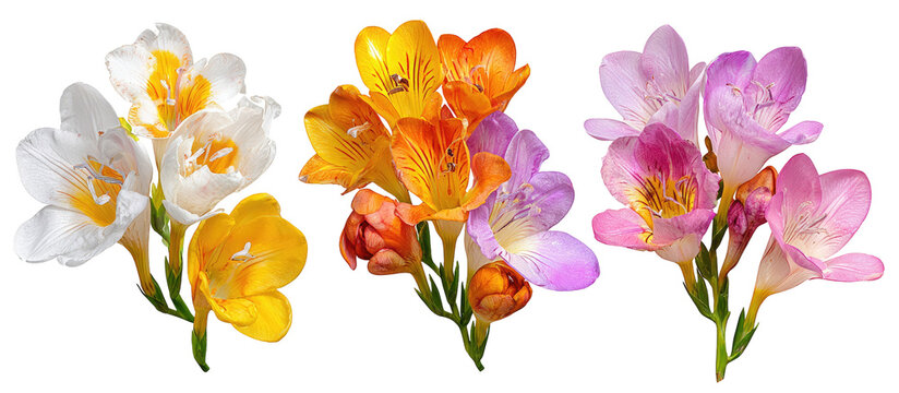 Three bunches of freesia flowers in white, orange-yellow, and light-purple