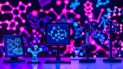 Exploring molecular structures science lab digital art neon environment close-up view