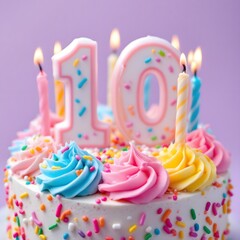 Happy Tenth Birthday Celebration Festive Cake with Candles and Sprinkles
