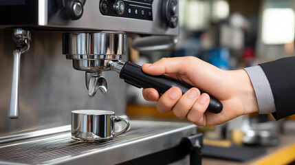 A coffee barista’s hand pressing espresso machine lever, macro steam detail, blured background, with copy space, energy and aroma