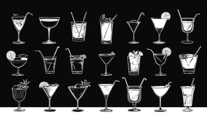 Black and white minimalist vector illustration of assorted cocktail drinks in various glass types with garnishes straw and ice cubes line art collection for beverage design