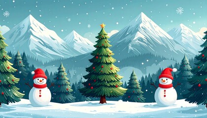 Snowy mountain range backdrop, decorated evergreen tree, two snowmen in hats