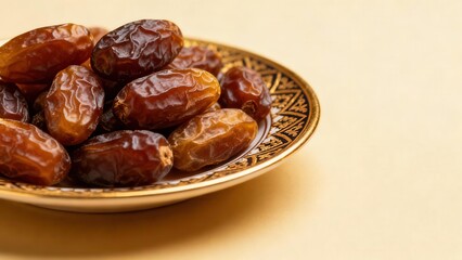 Fototapeta premium Ripe dates fill a decorative plate against a plain background.