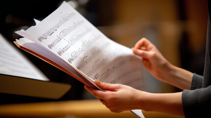 A musician’s hand turning sheet music page, macro paper and motion, blured background, with copy space, harmony and focus