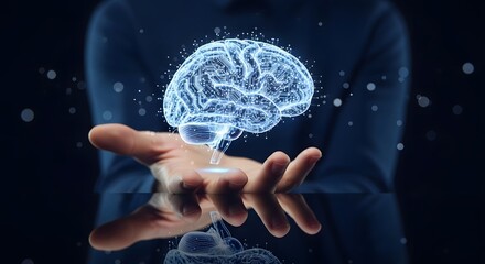 A person holds a digital brain in their hand, representing artificial intelligence and the future of technology