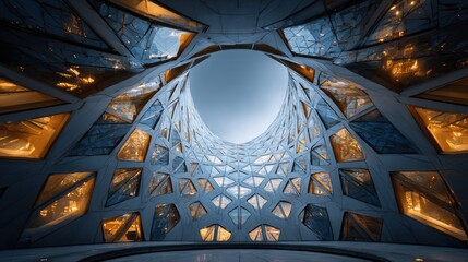 Fractal-based abstract building design repeating geometric patterns and iridescent materials under sunlight