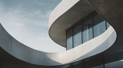 Fototapeta premium Exterior architecture of a modern building with smooth cement curves minimalist design and large glass panels daylight