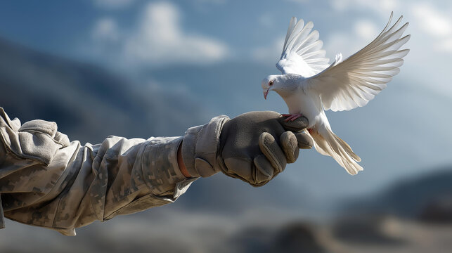 A soldier’s gloved hand releasing a dove into sky, macro feathers and hand details, blured background, with copy space, symbolic hope in war