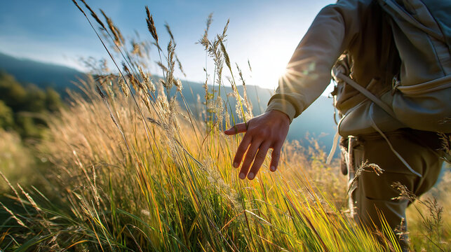 A hiker’s hand brushing tall grass in sunlight, macro blades and motion, blured background, with copy space, freedom in nature