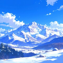 Snowy mountain range under a vibrant blue sky, with a small village nestled in the valley below
