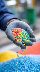 A Handful of Vibrantly Colored Plastic Pellets Illustrating the Manufacturing Process of Recyclable Materials in a Modern Industrial Facility.