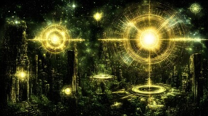 Cosmic illumination event fantastical city digital art celestial realm aerial view surrealism