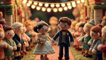 Animated bride and groom walking down aisle with attendants decorated with festive lights