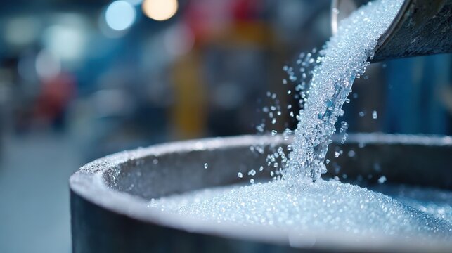 Close-Up of Plastic Resin Granules Being Poured into a Large Container in an Industrial Setting, Capturing the Texture and Movement of the Material