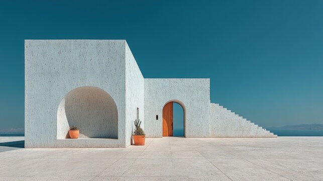 Minimalist abstract architecture exterior with smooth concrete surfaces and precise geometric cutouts - Powered by Adobe