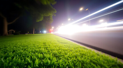 Blurry streaks of light from passing cars illuminate the night along a grassy roadside