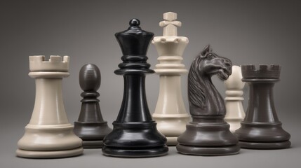 Close-up of detailed plastic chess pieces including king queen knight rook pawn and bishop arranged on surface with neutral background