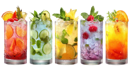 Colorful cocktails in tall glasses, garnished with fruit and mint