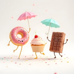 Whimsical Dessert Friends Enjoying a Sweet Rainy Day Adventure