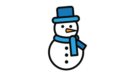 A simple cartoon snowman wearing a blue top hat and scarf, with a carrot nose and button eyes, against a white background.