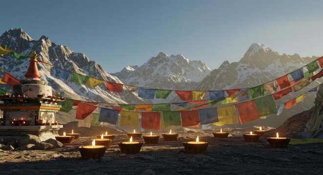 Losar, Tibetan butter lamps glowing near colorful prayer flags