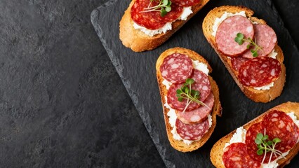 Sliced cured sausage and cheese are arranged on toasted bread slices.