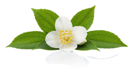 Naklejka premium Fresh Jasmine Flower With Green Leaves And White Liquid Splash