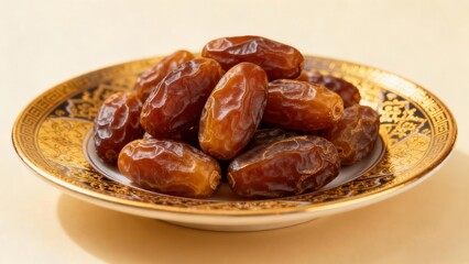 Ripe, sweet dates are served on an ornate gold and black patterned plate.