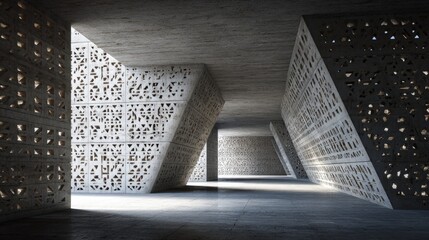 Abstract architecture featuring a perforated concrete exterior with intricate geometric patterns and light play